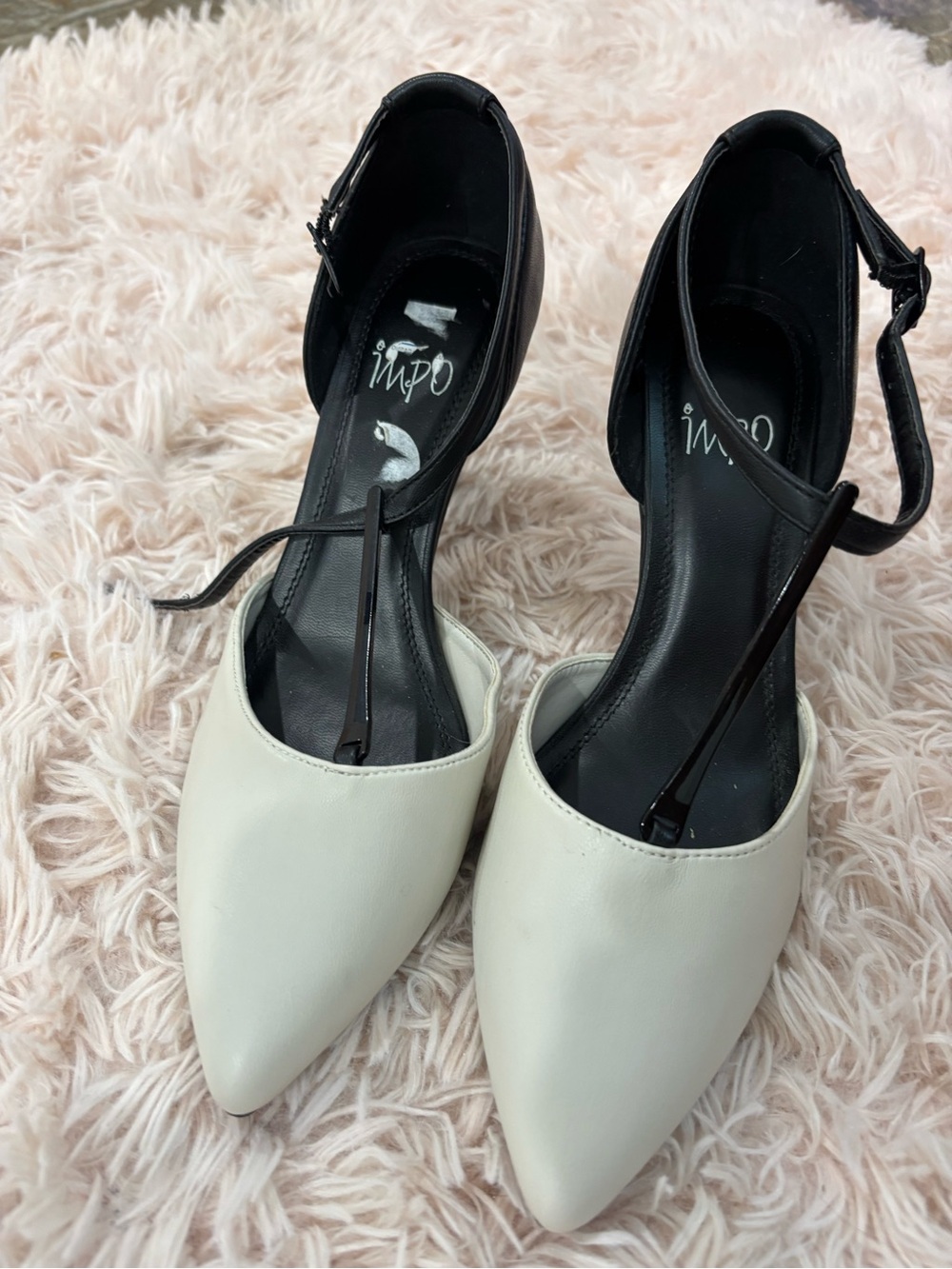 Impo Two-Tone Pointed Toe Ankle-Strap Heels in White and Black